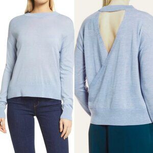 NEW Nordstrom Cross Back Wool Sweater Light Blue Fog Size Medium Open Back Top M